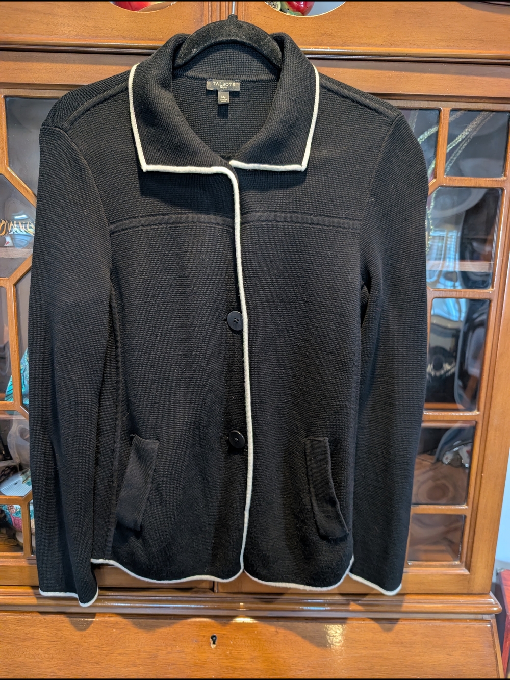 Talbots Petites Black Knit Cardigan with Ivory Trim – Size MP